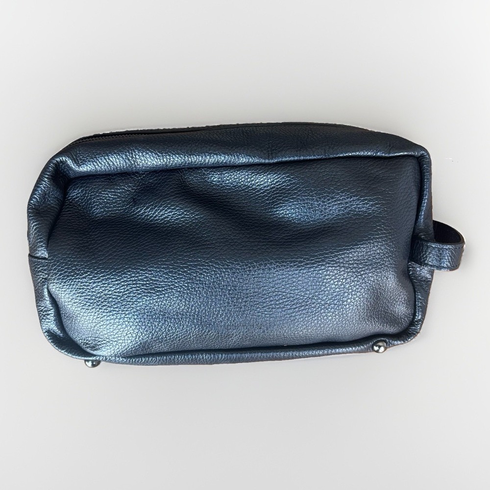 Massei Black Leather Zip Toiletry Bag Made In ITALY Travel Carry On Minimalist